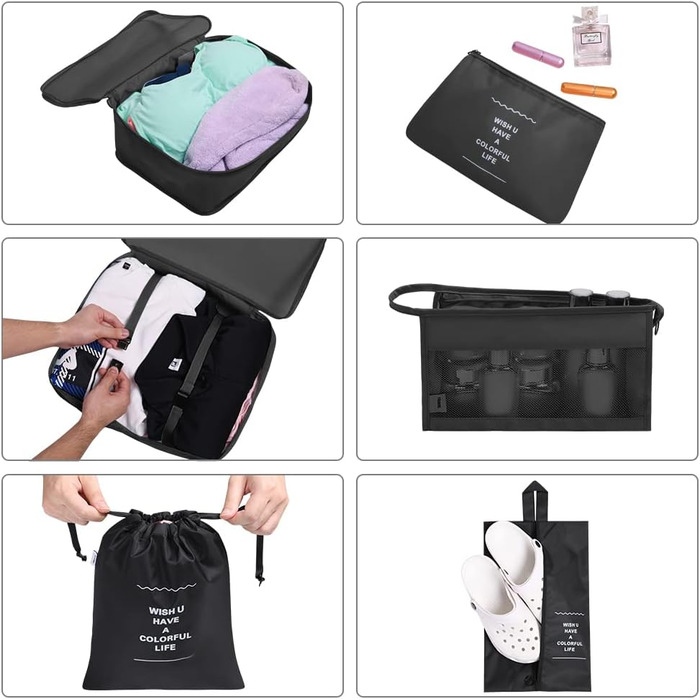 Органайзер для валізи OSDUE, набір 8 шт: кубики для пакування, водонепроникні сумочки для одягу, сумки для взуття, кишеня для USB-кабелів (чорний)
