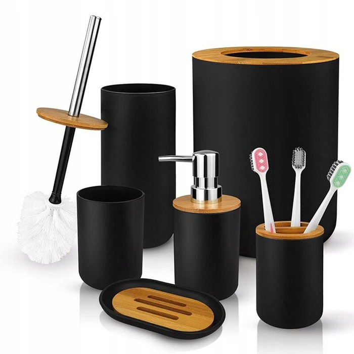 Набір аксесуарів для ванної кімнати чорного кольору: ергономічна щітка для унітазу, кошик для сміття та мильниця
