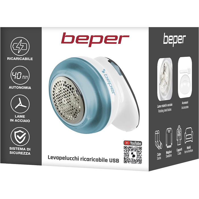BEPER 50.245 USB-аккумуляторний видальник ворсу зі сталевими лезами. Видаляє ворс та ковтунці. Білий/блакитний, перезаряджається через USB
