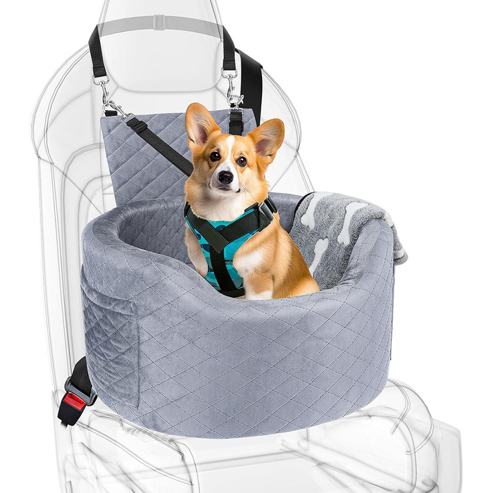 Автокрісло для собак - чорне автокрісло-бустер для маленьких собак з 28D Memory Foam, неслизька та водонепроникна підкладка, переносна клітка з кишенями для зберігання та ковдрою, чорний (02-Сірий)