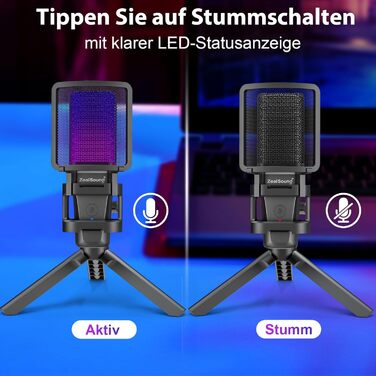 Zealsound USB Мікрофон для ПК та телефону – RGB, з регулюванням гучності, поп-фільтром, тримачем, та 2 адаптерами для подкастів, стрімінгу, Discord, YouTube, TikTok A68