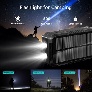 Портативний зарядний пристрій Solar Powerbank 70000mAh з сонячною панеллю, PD 30W, USB-C, 3.0A, інтегрованим кабелем, бездротовою зарядкою 15W, ручним генератором, LED-індикаторами, ліхтариком, для смартфонів, чорний