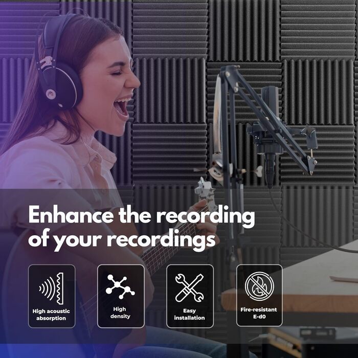 Акустичний поролон для звукоізоляції стін, 24 панелі 30x30x5 см, високої щільності, антрацитово-сірий, для студії звукозапису (з клеєм)