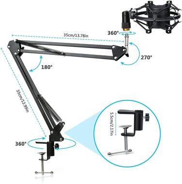 Мікрофон конденсаторний Diealles Shine для запису, подкастів та стрімінгу. Комплект з кріпленням, штативом та поп-фільтром. 192KHz/24 Bit