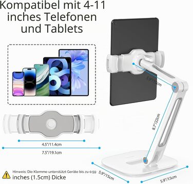 Регульована підставка для планшета та смартфона AboveTEK, тримач на стіл для iPad mini, Air, Samsung Galaxy, підходить для пристроїв від 4 до 11 дюймів (Білий)