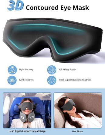 Подушка для шиї у літак з ременем безпеки та 3D маскою для сну, блакитна. Підтримка шиї та голови, високоякісний пінополіуретан, запобігає нахилу голови.