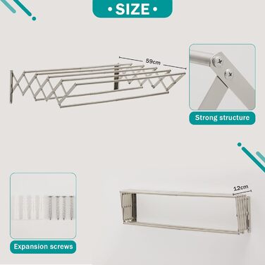 Настінна сушарка для білизни YOUDENOVA з 7 стійок, розсувна, для ванної кімнати, металевий тримач для рушників, срібна (42-80)x59x19 см