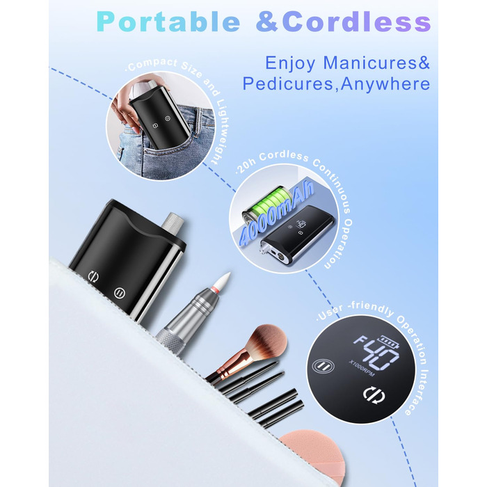 Професійний фрезер для нігтів ENGERWALL M95G: 40000 обертів/хв, акумулятор 24 год, бездротовий електричний фрезер для гелю та акрилу, LCD дисплей, турбо двигун