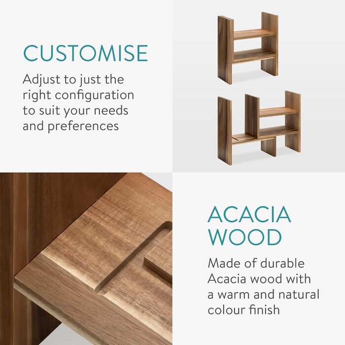 Navaris Acacia Desk Organizer 64x15.5x40 - Table Shelf Organization System Adjustable - Corner Shelf for Kitchen Office Bathroom Shelf Attachment - Natural