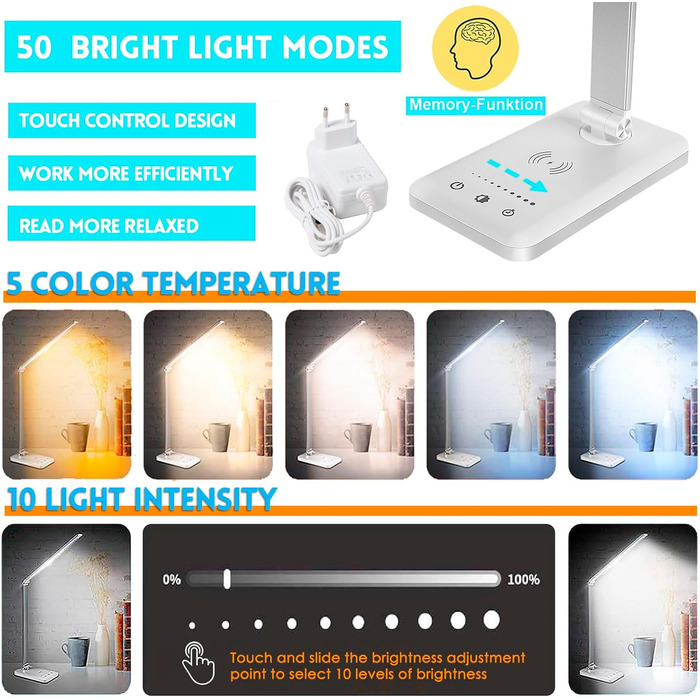 LED лампа настільна диммируемая 560LM з 5 режимами кольору та 10 рівнями яскравості, нічник, USB-порт, функція пам'яті та таймер, 10W - біла (адаптер 20W - срібний)