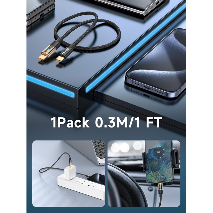 Кабель USB-C RAVIAD з підтримкою PD3.1: швидка зарядка, нейлон, 0.3м, 100W, чорний. Сумісний з iPhone, Galaxy, Pixel, iPad, MacBookAir