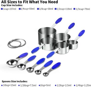 Measuring Cups: U-Shape 18/8 Stainless Steel Measuring Cups and Spoon Set with 10 Pieces, Thicker Handle, American (Blue)