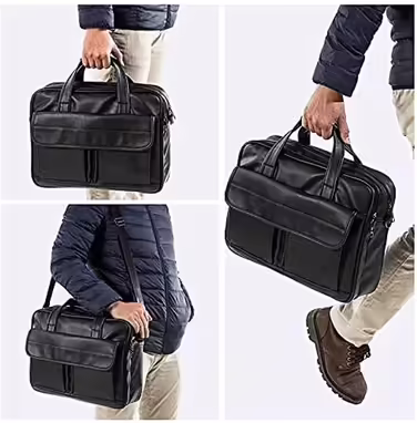 Seyfocnia Courier Bag, Travel Bag, Briefcase, Leather, Handmade, Laptop Bag, Black, 17.3 inches