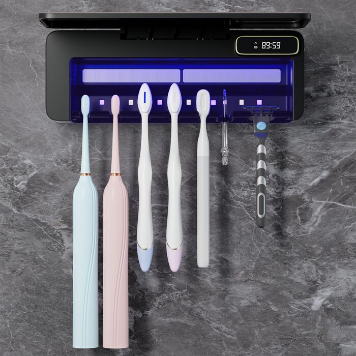 Стерилізатор зубних щіток UV з підставкою на 5 щіток, чорний. З функцією сушіння та таймером, настінний монтаж, 2000 mAh