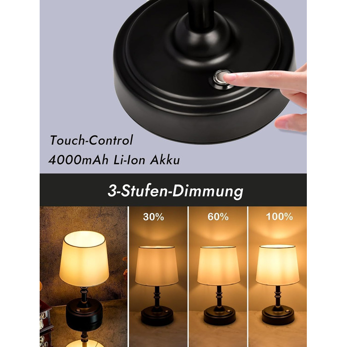 Бездротова лампа настільна акумуляторна 4000mAh, тепле світло 2700K, торшери з сенсорним керуванням, адаптер/кабель для зарядки, для спальні, подарунок (золотиста)