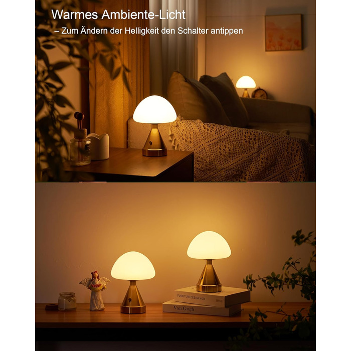 Бездротова настільна лампа-грибок, акумуляторна, з сенсорним регулюванням яскравості, мініатюрна золота атмосфера для спальні, їдальні, патіо, ванної кімнати