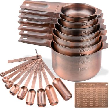 Copper Measuring Cup and Spoon Set, Stainless Steel Measuring Cups and Spoons, Metric, 7 Measuring Cups and 9 Long Measuring Spoons, 1 Leveler and 1 Conversion Chart for Kitchen, Cooking, and Baking