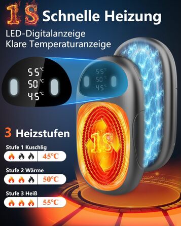 Електричні грілки для рук - 2 шт. з LED-дисплеєм, 3 режими нагріву, акумуляторні, для дітей, чоловіків, жінок - чорні