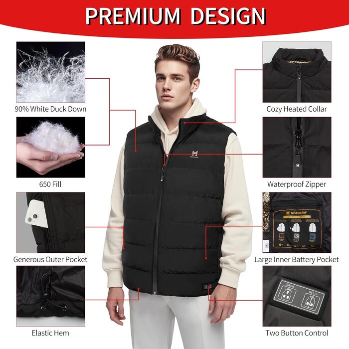 Обогревна жилетка для чоловіків та жінок, 6 зон нагріву, 3 температурні режими, для зимових видів спорту на відкритому повітрі, чорна жилетка з пухом, Back-EU (L)