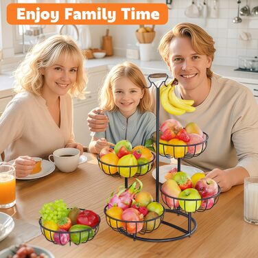 Багатоярусна підставка для фруктів PouHenier.jh – 5 ярусів, чорний колір, з тримачем для бананів. Металева підставка для фруктів та овочів, органайзер для кухні
