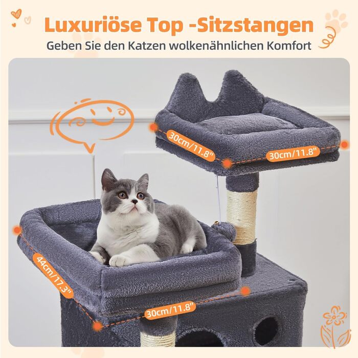 Дерев'яний комплекс для котів Taoqimiao MS026W (темно-сірий, 146 см) з будиночками, гамаком та 8 стовпчиками для шліфування кігтів