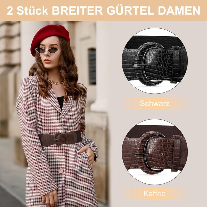 Жіночий широкий еластичний пояс JasGood 2 шт. для суконь та піджаків, ремінь для талії, чорний/кава, розмір M (76-90 см), L (91-105 см)