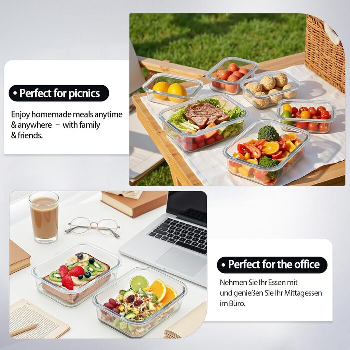 Набір контейнерів для зберігання Glas Frischhaltedosen Set з боросилікатного скла з кришкою, BPA-free, герметичні, для мікрохвильової печі, духовка, посудомийна машина – контейнери для Meal Prep для кухні, офісу (SA1637-black)
