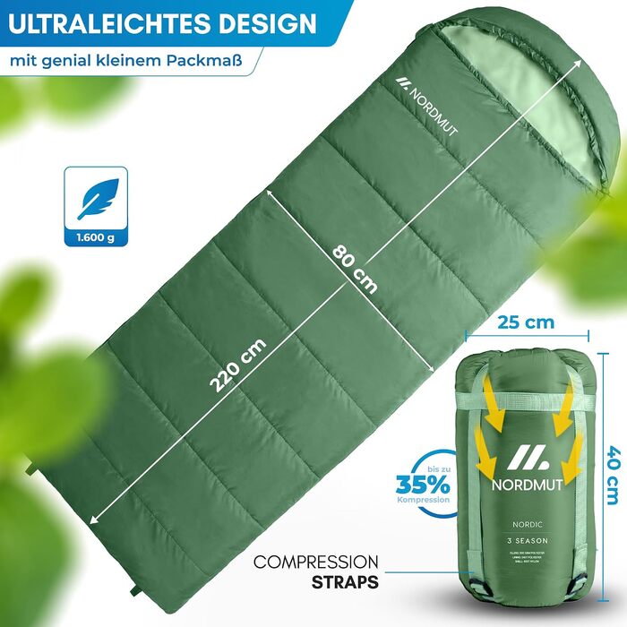 Спальний мішок-ковдра NORDMUT для дорослих, ultralight 1600г, 3-сезонний (250 GSM) з двосторонньою блискавкою YKK для кемпінгу, фестивалів та outdoor (лісовий зелений)