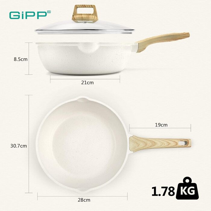Сковорода GiPP з високим бортиком та кришкою, 2.5L, керамічне антипригарне покриття, 28 см, для всіх типів плит, білий колір