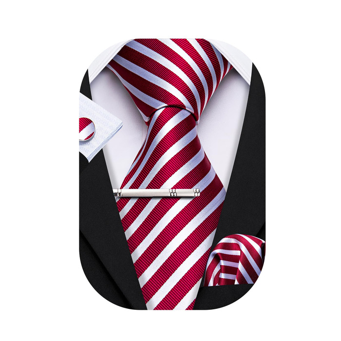 Набір краваток Barry.Wang: шовкові краватки з квітковим візерунком Paisley, нагрудна хустинка, краваткові затискачі та манжетні кнопки. Червоно-білий смуговий дизайн для святкових та весільних подій