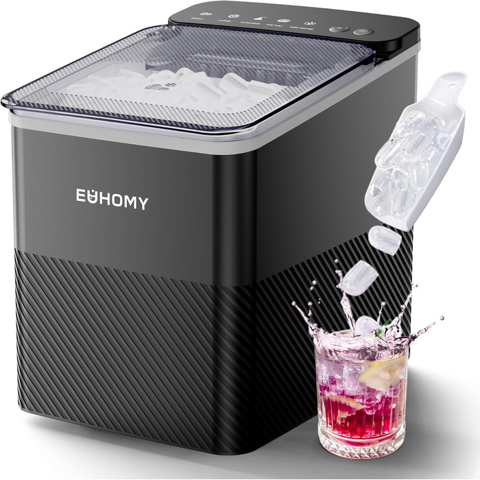 EUHOMY Ice Maker Machine - Compact Design, 12KG/24H Production, Automatic Cleaning, Smart Alerts, Transparent Lid