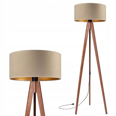 Підлогова торшерна лампа на дерев'яному тринозі (горіх) з велюровим абажуром бежево-золотистого кольору