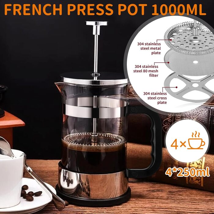 UCAMP Френч-прес для кави та чаю, 1000 мл, скляна кавова преса, портативна кавоварка з потрійним фільтром, для подорожей та подарунків