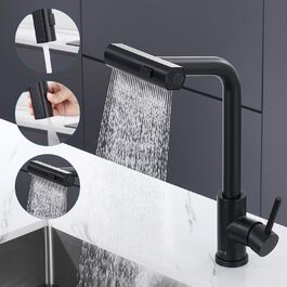 Чорний кухонний змішувач з висувною лійкою, водоспад, високий тиск, 3 режими, поворотний на 360°, з нержавіючої сталі, матовий, для кухні