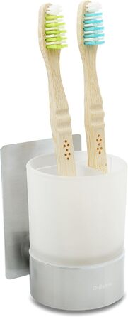 Dolvhin® Toothbrush Holder without Drilling | Frosted Glass Toothbrush Holder for Gluing | Tooth Cup & Wall Mount Toothbrush Holder Stainless Steel | Toothbrush Cup & Toothbrush Organizer | Silver Grey