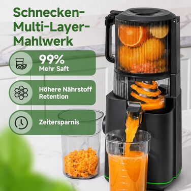 Шнекова соковижималка AMZCHEF 600W з широким завантажувальним отвором 155 мм, матово-чорна
