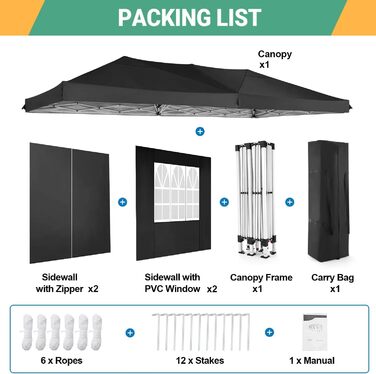 COBIZI Pop-up Pavilion 3x3, Folding Pavilion 3x3 Waterproof, Stable, Winter-proof |8X Pegs|4X Wind Rope|UV Protection 50+|High-Density Tarpaulin| Pavilion Foldable 3x3m Party Tent Folding Pavilion 3x3 Garden Pavilion (Black, 3x6m with 6 Side Panels)