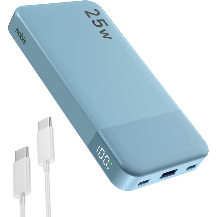 Power Bank NOBIS 10000mAh з цифровою індикацією, 25W, USB-C, блакитний