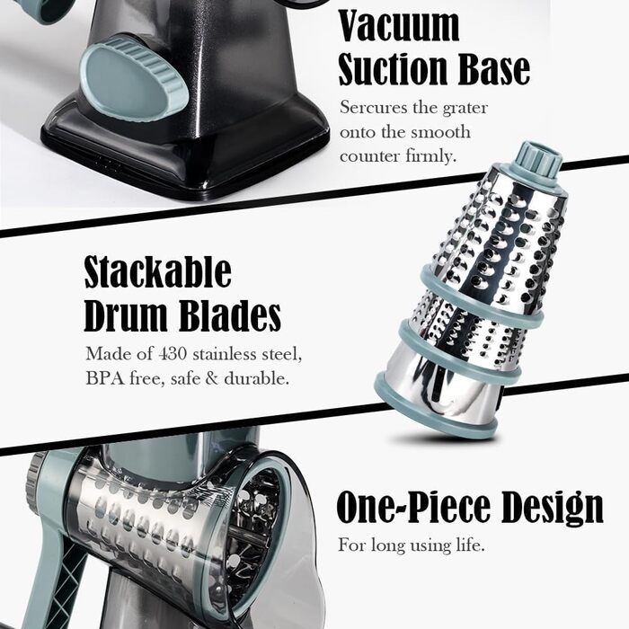 Ручна тертка для сиру та овочів Dreamhigh з ручкою, 3 змінні леза з нержавіючої сталі, ідеальна для сиру, овочів, горіхів та інших продуктів, білий (блакитний)