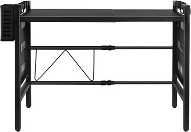 Поличка для мікрохвильової печі 3-рівнева, органайзер з гачками, розширювана, висувна (40-64см), з вуглецевої сталі (чорна, з перфорованим листком, 42-68*36*46см)