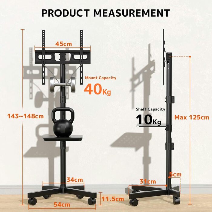Підставка для телевізора на колесах для 23-60 дюймів - регульована по висоті, мобільна, з полицею для медіа, для офісу, вітальні, геймінгу, витримує до 40 кг, VESA до 400x400 мм, чорна