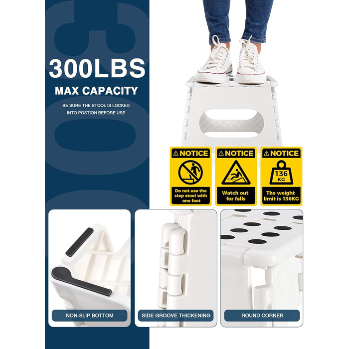 Складний табурет HOUSE DAY 27см чорний, 150кг, з антиковзними ніжками та ручкою, для кухні, ванної, дитячої кімнати, кемпінгу