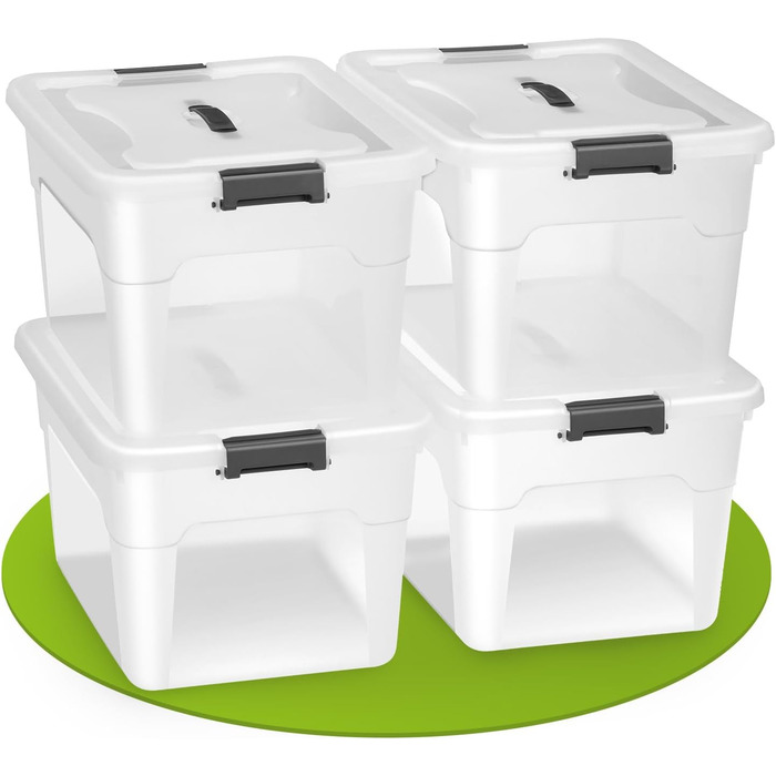Juskys Storage Box with Lid - Set of 4 Plastic Boxes 45L - Large Box, Stackable, Transparent - Storage Organization System Storage Boxes (Set of 4 - 30 Liters)