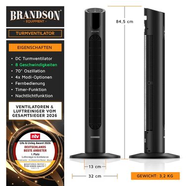 Вентилятор Tower Brandson з ECO DC мотором – тихий, 8 швидкостей, таймер, осциляція, 4 режими, димер, енергозбереження, пульт ДУ