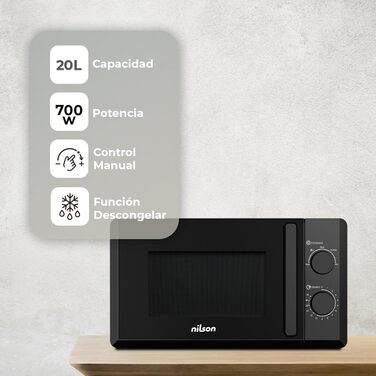 Мікрохвильова піч Nilson 20 літрів, чорний кришталь, NMW2700N, 700W, 5 програм, функція розморожування