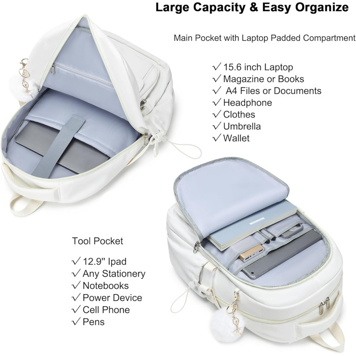 Шкільний рюкзак для підлітків, дівчаток, 3-в-1: рюкзак, ланчбокс, пенал, бежевий (15.6