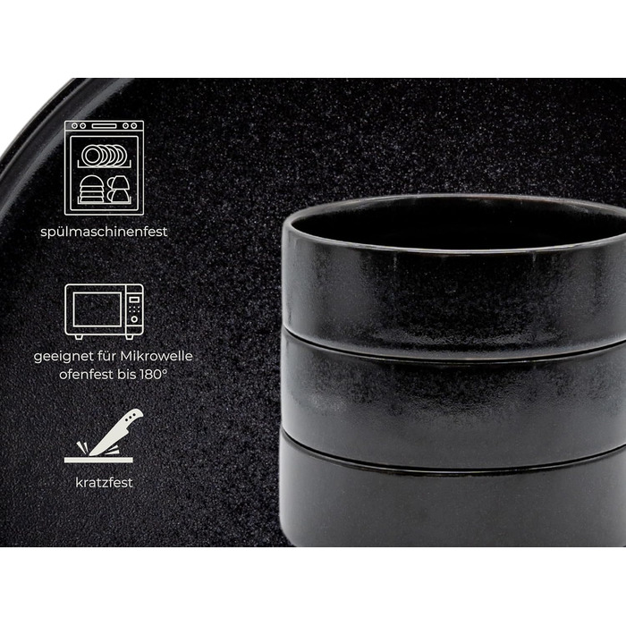 Igunga Stoneware Dinnerware Set - 12 Piece Service for 4 | Reactive Glaze, Matte Black & Glossy Interior Bowls | Premium Handcrafted Tableware