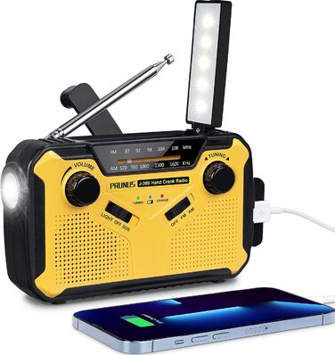 Радіо PRUNUS J-369: FM/AM, сонячне, з ручним заводом, Power Bank 3000mAh, SOS, ліхтарик для кемпінгу та надзвичайних ситуацій [Зелене] (Чорний та жовтий)