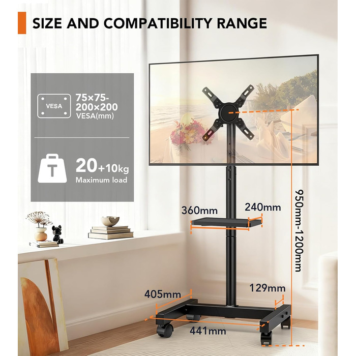 Мобільна стійка для телевізора Hemudu на колесах для LCD/LED ТВ 23-60 дюймів, регульована за висотою з полицею для ноутбука, до 35 кг, VESA до 400x400 мм