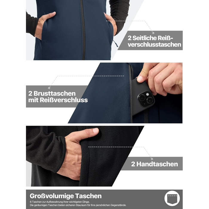 FREE SOLDIER Чоловіча зимова жилетка - тепла флісова жилетка, вітростійка, реверсивна, без рукавів, софтшелл для роботи та походів, S, Синій&Чорний